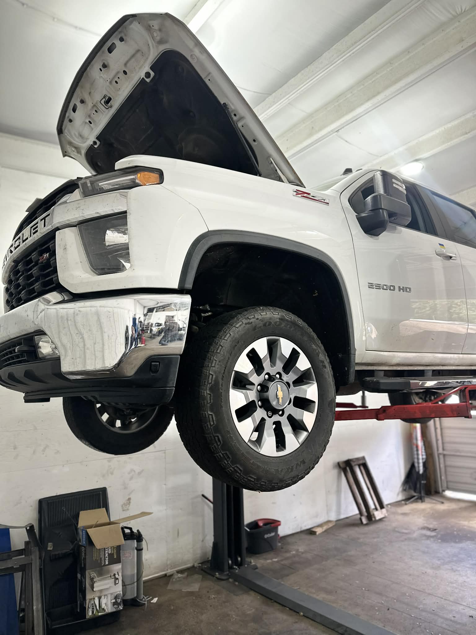Chevy truck on lift at PEP Motor Raleigh